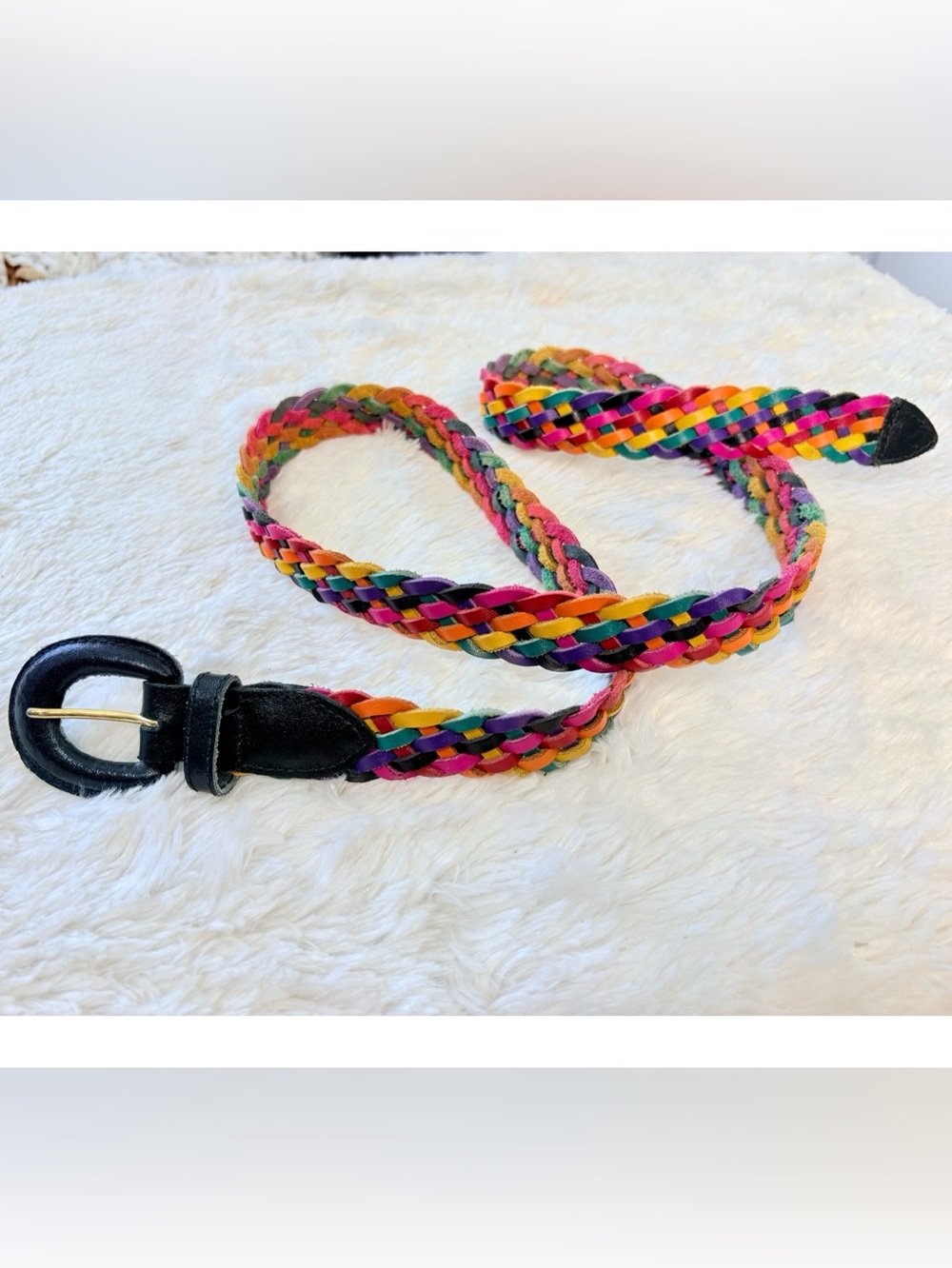 Vintage 80s Chic Rainbow Braided Genuine Leather Belt Size XL